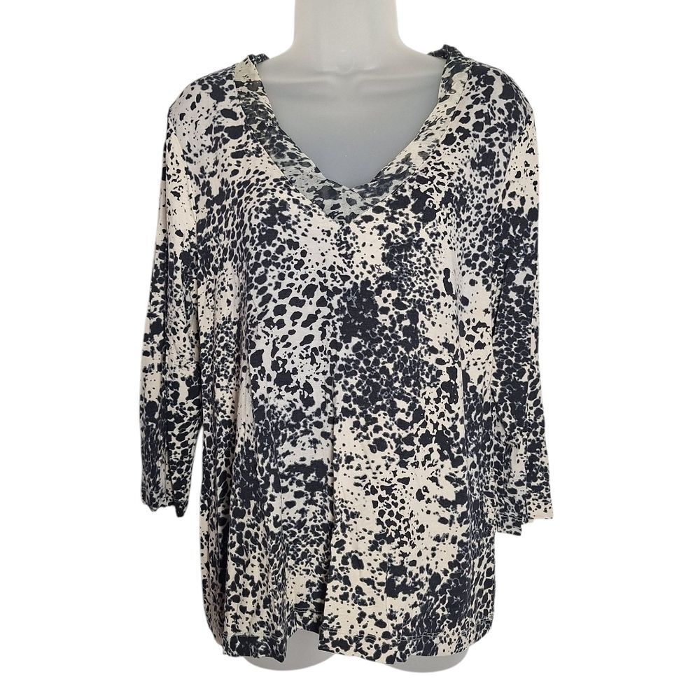 Chicos Tunic Top Blouse 3/4 Sleeve Black Beige Chiffon Neck Trim Large Womens